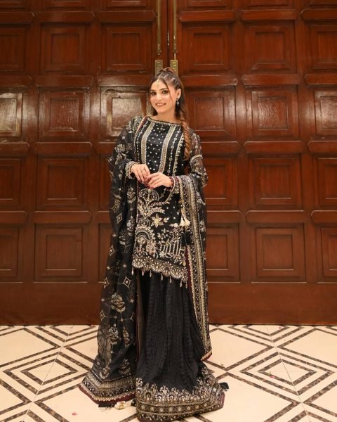 Black Faux Georgette Plazzo Suit with Heavy Sequins Embroidery Work with Latkan Border for Weddings Ready To Wear Collection
