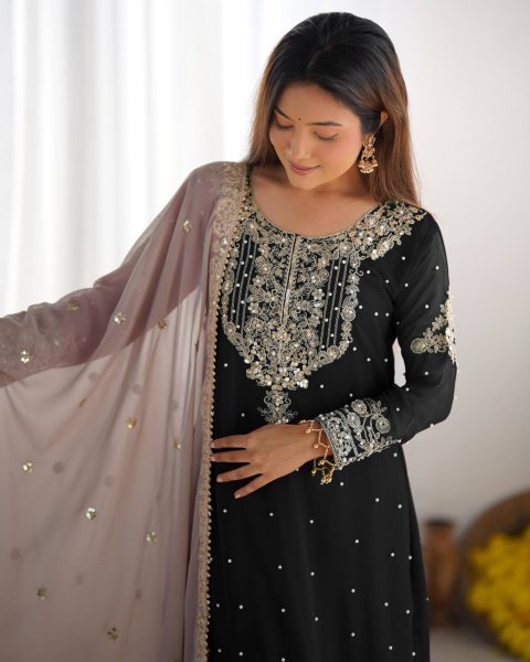 Black Faux Georgette Palazzo Set with Sequin Detailing Designer Party Look Ready To Wear Collection