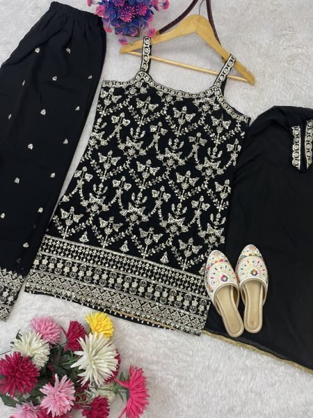 Black Faux Georgette Palazzo Suit with Heavy Work Dupatta and Potli at Wholesale Rate Ready To Wear Collection