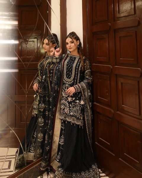 Black Faux Georgette Plazzo Suit with Heavy Sequins Embroidery Work with Latkan Border for Weddings Ready To Wear Collection