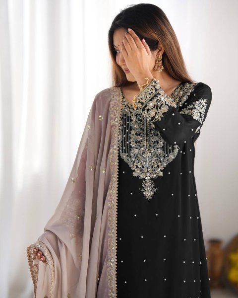 Black Faux Georgette Palazzo Set with Sequin Detailing Designer Party Look Ready To Wear Collection