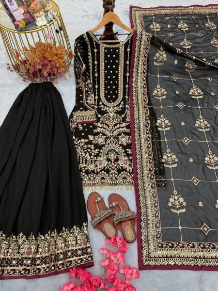Black Faux Georgette Plazzo Suit with Heavy Sequins Embroidery Work with Latkan Border for Weddings Ready To Wear Collection