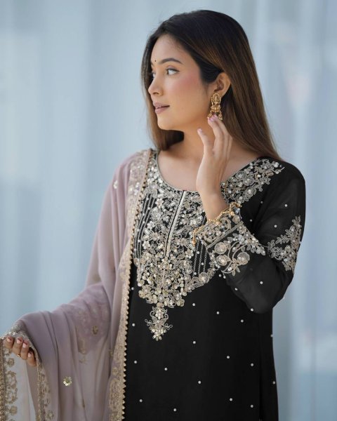 Black Faux Georgette Palazzo Set with Sequin Detailing Designer Party Look Ready To Wear Collection