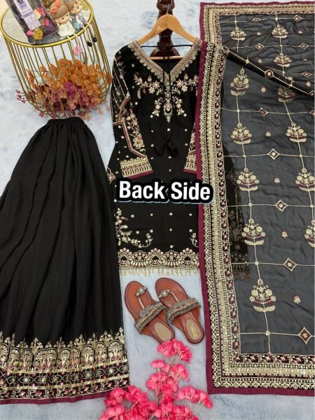 Black Faux Georgette Plazzo Suit with Heavy Sequins Embroidery Work with Latkan Border for Weddings Ready To Wear Collection