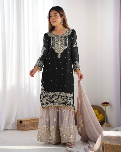 Black Faux Georgette Palazzo Set with Sequin Detailing Designer Party Look Ready To Wear Collection