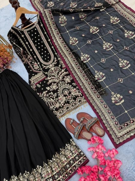 Black Faux Georgette Plazzo Suit with Heavy Sequins Embroidery Work with Latkan Border for Weddings Ready To Wear Collection