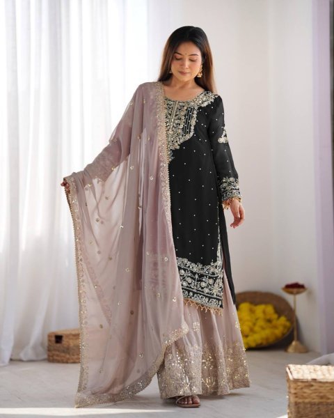 Black Faux Georgette Palazzo Set with Sequin Detailing Designer Party Look Ready To Wear Collection