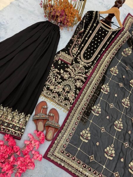 Black Faux Georgette Plazzo Suit with Heavy Sequins Embroidery Work with Latkan Border for Weddings Ready To Wear Collection