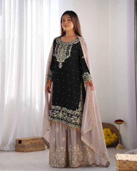 Black Faux Georgette Palazzo Set with Sequin Detailing Designer Party Look Ready To Wear Collection