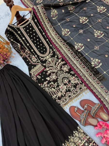 Black Faux Georgette Plazzo Suit with Heavy Sequins Embroidery Work with Latkan Border for Weddings Ready To Wear Collection