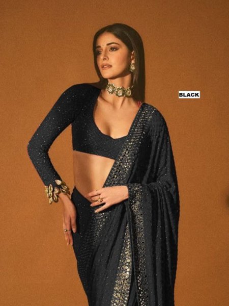 Black Faux Georgette Saree with Embroidery Work Wedding Special Drape Sarees 