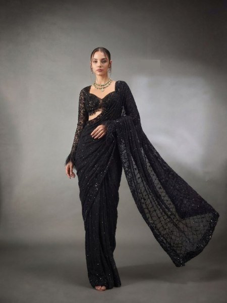 Black Faux Georgette Saree with Heavy Cpallu Embroidery and Designer Blouse Sarees 