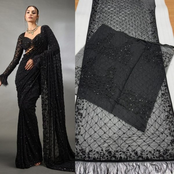 Black Faux Georgette Saree with Heavy Cpallu Embroidery and Designer Blouse Bollywood Fancy Sarees Wholesale