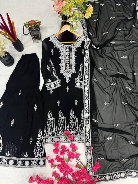 Black Faux Georgette Sharara Suit with Multi Needle Sequins Work at Wholesale Price Ready To Wear Collection