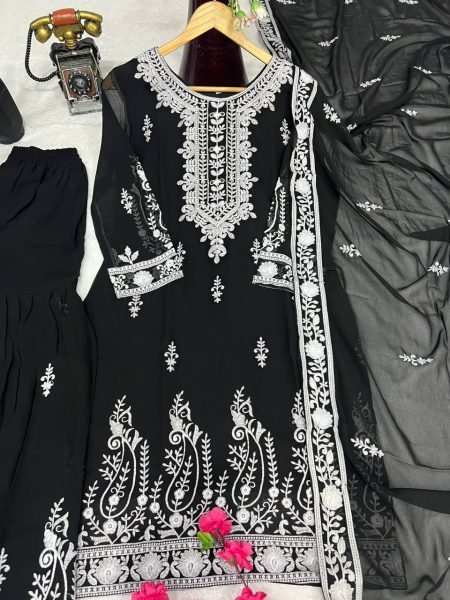 Black Faux Georgette Sharara Suit with Multi Needle Sequins Work at Wholesale Price Ready To Wear Collection