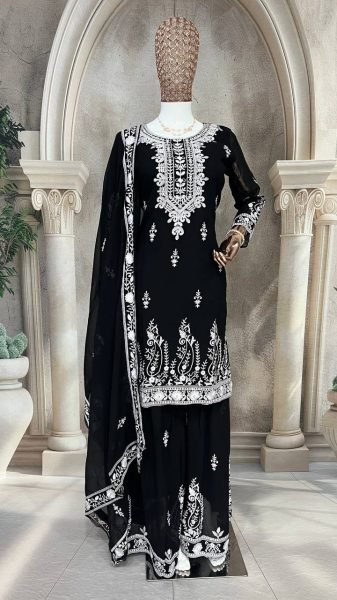 Black Faux Georgette Sharara Suit with Multi Needle Sequins Work at Wholesale Price Ready To Wear Collection