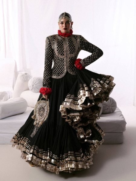 Black Faux Georgette Top and Lehenga Set with Gota Patti Work for Wedding Functions 