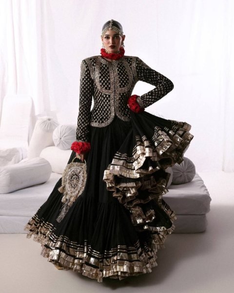 Black Faux Georgette Top and Lehenga Set with Gota Patti Work for Wedding Functions Ready To Wear Collection