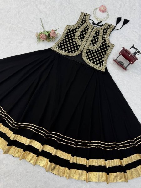 Black Faux Georgette Top and Lehenga Set with Gota Patti Work for Wedding Functions Ready To Wear Collection