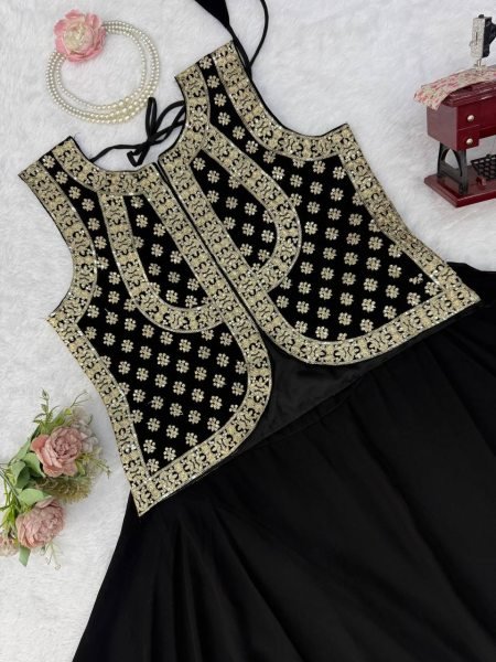 Black Faux Georgette Top and Lehenga Set with Gota Patti Work for Wedding Functions Ready To Wear Collection