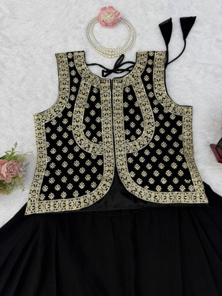 Black Faux Georgette Top and Lehenga Set with Gota Patti Work for Wedding Functions Ready To Wear Collection
