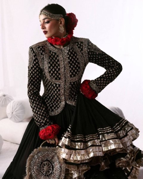 Black Faux Georgette Top and Lehenga Set with Gota Patti Work for Wedding Functions Ready To Wear Collection