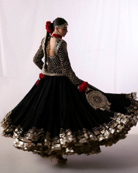 Black Faux Georgette Top and Lehenga Set with Gota Patti Work for Wedding Functions Ready To Wear Collection