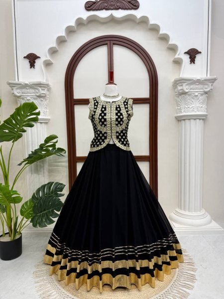 Black Faux Georgette Top and Lehenga Set with Gota Patti Work for Wedding Functions Ready To Wear Collection