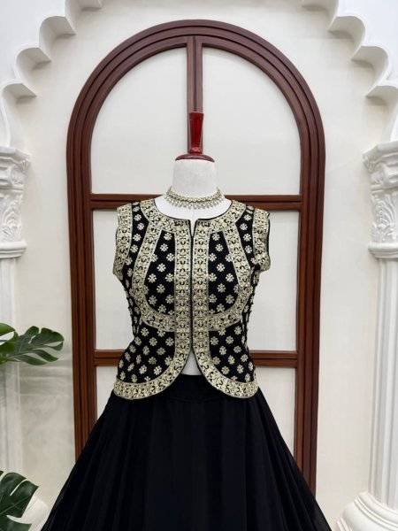 Black Faux Georgette Top and Lehenga Set with Gota Patti Work for Wedding Functions Ready To Wear Collection