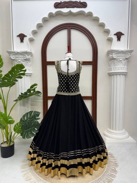 Black Faux Georgette Top and Lehenga Set with Gota Patti Work for Wedding Functions Ready To Wear Collection