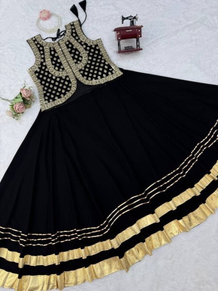 Black Faux Georgette Top and Lehenga Set with Gota Patti Work for Wedding Functions Ready To Wear Collection