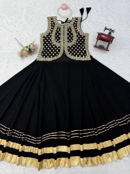 Black Faux Georgette Top and Lehenga Set with Gota Patti Work for Wedding Functions Ready To Wear Collection