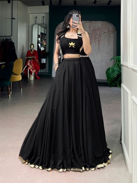 Black Feather Flow Fabric Lehenga Choli with Lotus Handwork and Long Designer Jacket  Lehenga