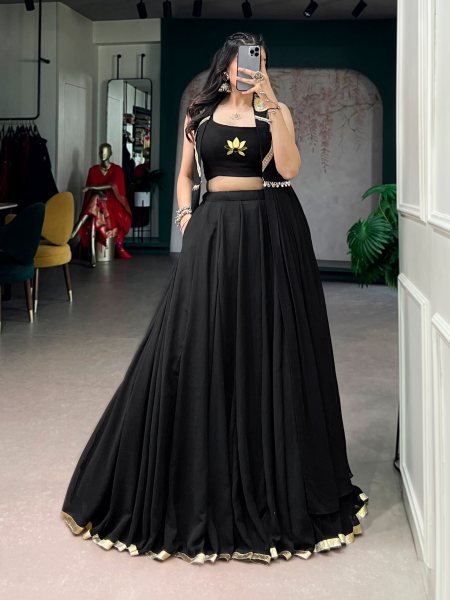 Black Feather Flow Fabric Lehenga Choli with Lotus Handwork and Long Designer Jacket Designer Lehenga Choli