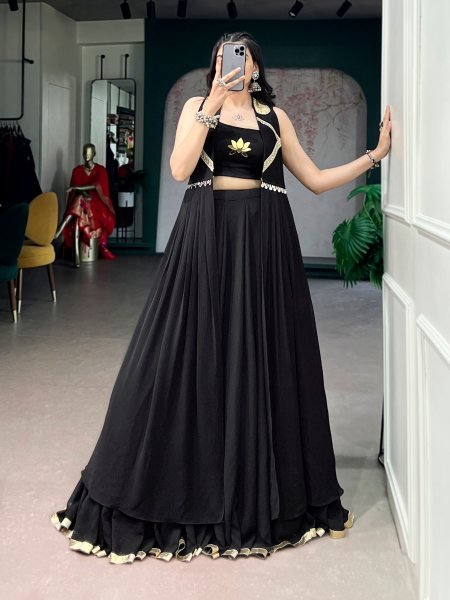 Black Feather Flow Fabric Lehenga Choli with Lotus Handwork and Long Designer Jacket Designer Lehenga Choli