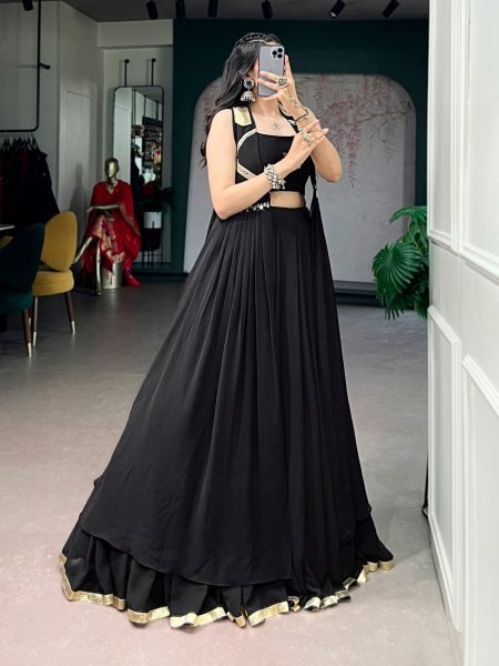 Black Feather Flow Fabric Lehenga Choli with Lotus Handwork and Long Designer Jacket Designer Lehenga Choli