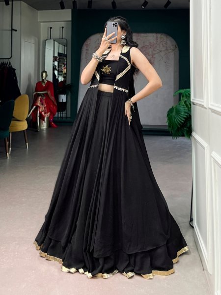 Black Feather Flow Fabric Lehenga Choli with Lotus Handwork and Long Designer Jacket Designer Lehenga Choli