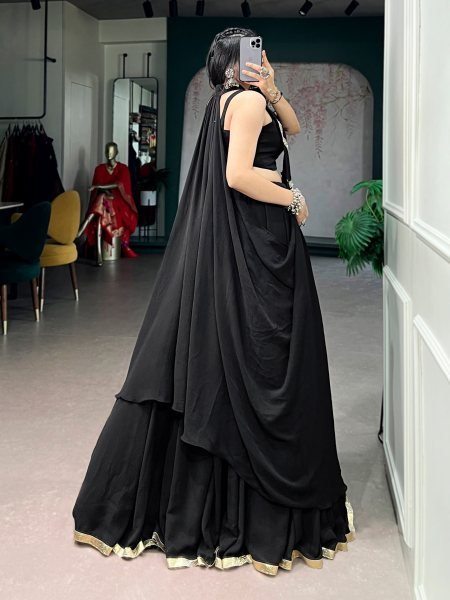 Black Feather Flow Fabric Lehenga Choli with Lotus Handwork and Long Designer Jacket Designer Lehenga Choli