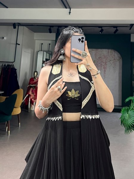 Black Feather Flow Fabric Lehenga Choli with Lotus Handwork and Long Designer Jacket Designer Lehenga Choli