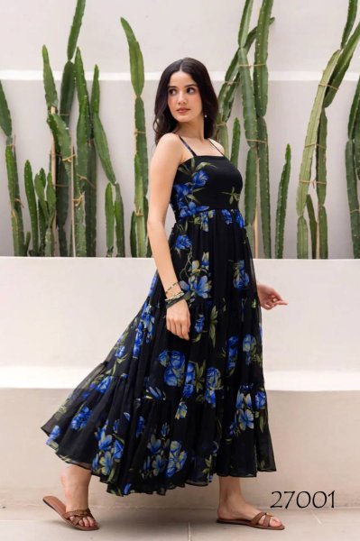 Black Floral Georgette Maxi Dress Holiday Ready Style Georgette Kurti 