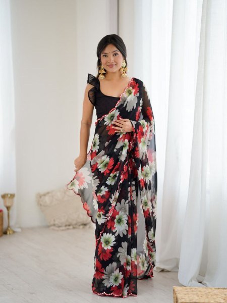Black Floral Printed Georgette Saree with Mirror Lace Ideal for Daily Glam Looks  Sarees 