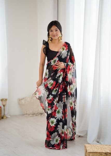 Black Floral Printed Georgette Saree with Mirror Lace Ideal for Daily Glam Looks  Printed Cotton Sarees Wholesale