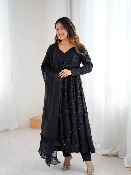 Black Fox Georgette 4 Mtr Flair Anarkali Suit with Pant and Dupatta For Woman At Best Rates Kurtis