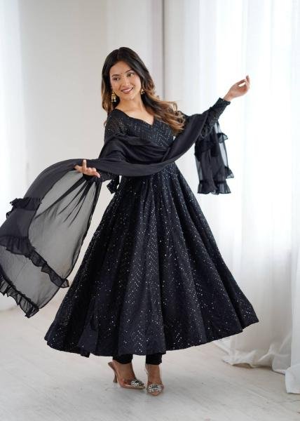 Black Fox Georgette 4 Mtr Flair Anarkali Suit with Pant and Dupatta For Woman At Best Rates Anarkali Kurtis 