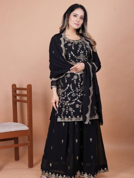 Black Fox Georgette Designer Sharara Suit with Embroidery Dupatta Wedding Collection for Wholesale Buyers 