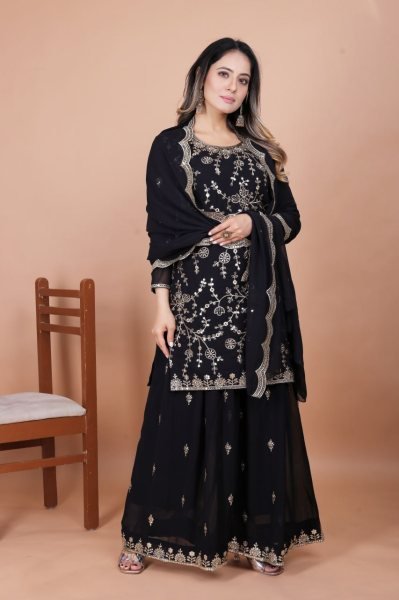 Black Fox Georgette Designer Sharara Suit with Embroidery Dupatta Wedding Collection for Wholesale Buyers Ready To Wear Collection