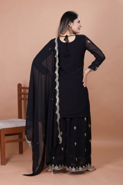 Black Fox Georgette Designer Sharara Suit with Embroidery Dupatta Wedding Collection for Wholesale Buyers Ready To Wear Collection