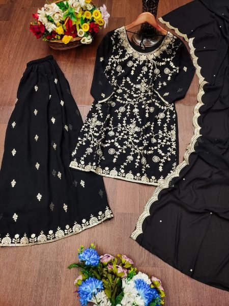 Black Fox Georgette Designer Sharara Suit with Embroidery Dupatta Wedding Collection for Wholesale Buyers Ready To Wear Collection