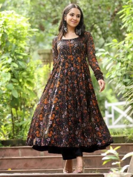 Black Fox Georgette Gown with Digital  Print  