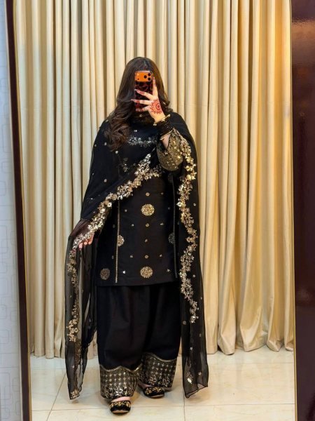 Black French Crepe Kurti Palazzo Set with Georgette Dupatta for Festive Wear Ready To Wear Suit